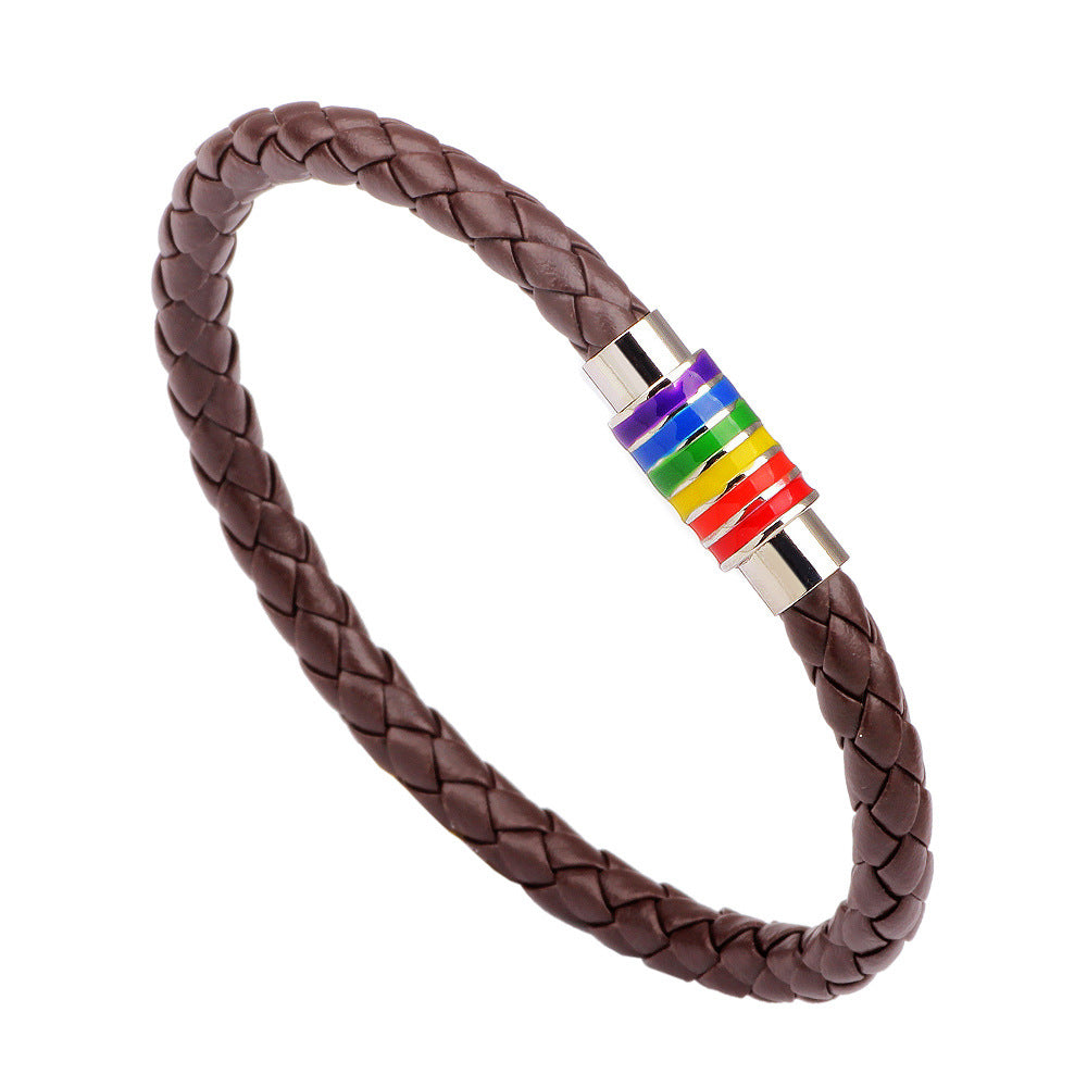 European American Braided Leather Rainbow Bracelet with Copper Magnetic Clasp