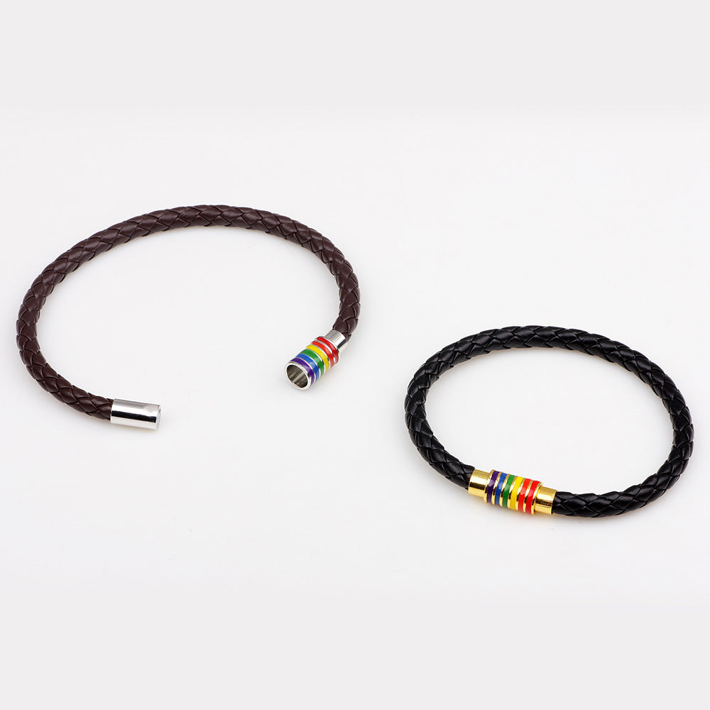 European American Braided Leather Rainbow Bracelet with Copper Magnetic Clasp