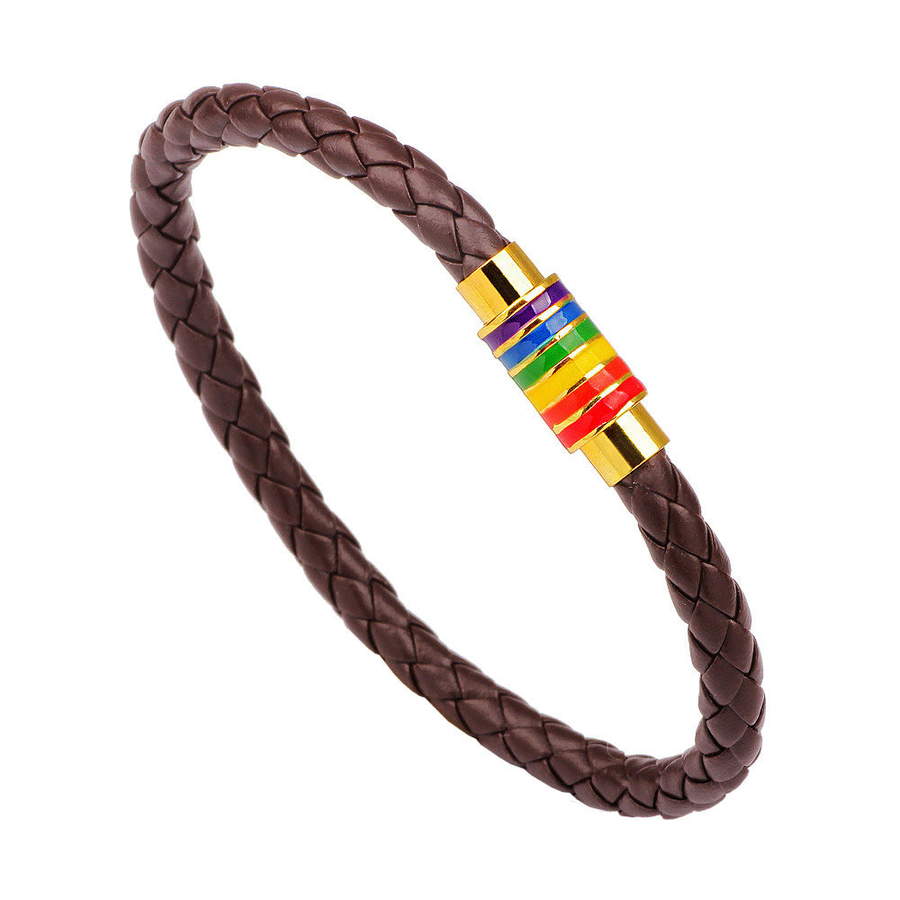 European American Braided Leather Rainbow Bracelet with Copper Magnetic Clasp