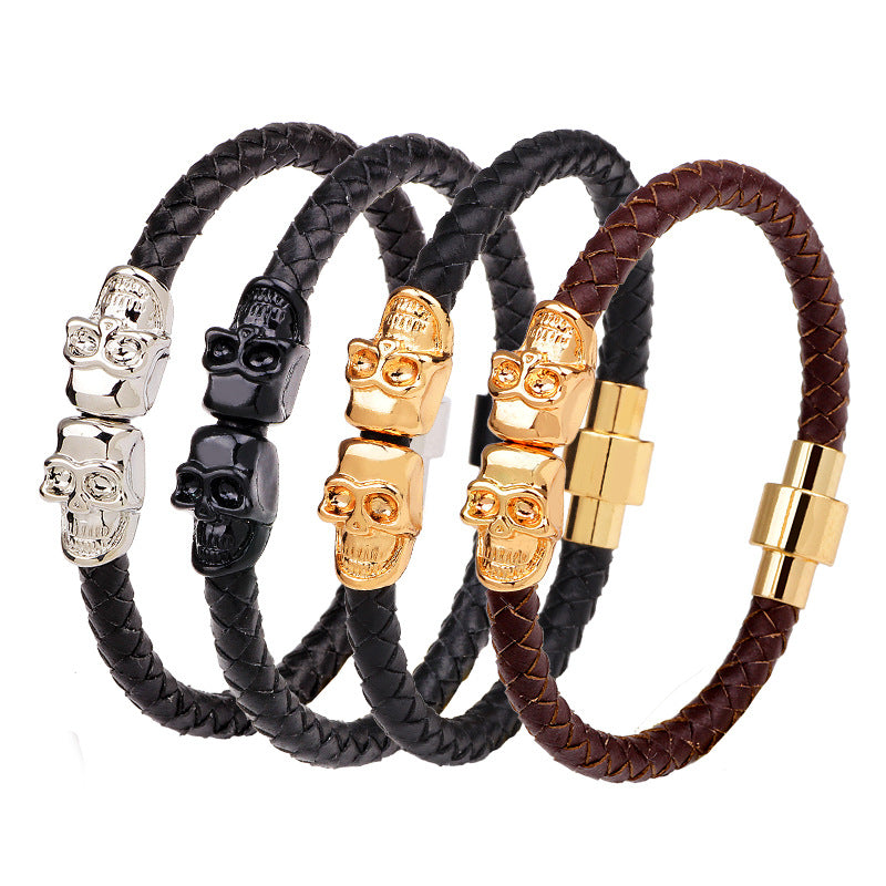European American Cowhide Skull Magnetic Clasp Men's Bracelet
