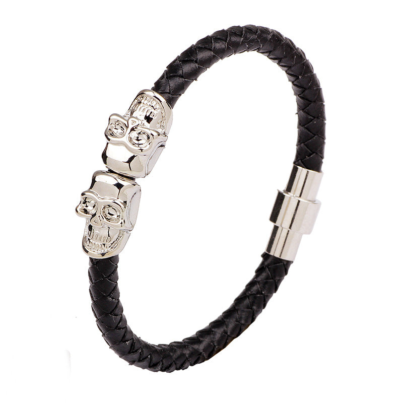 European American Cowhide Skull Magnetic Clasp Men's Bracelet