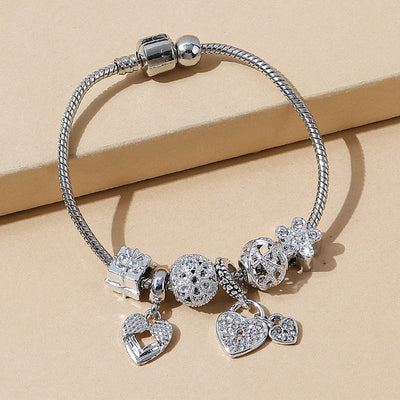 European American Rhinestone Heart Charm Bracelet Set