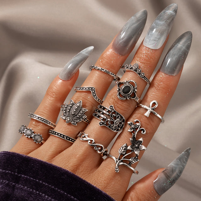 Bohemian Retro Star and Rose Flower Snake Ring Set - 12 Piece Geometric Knuckle Rings for Women