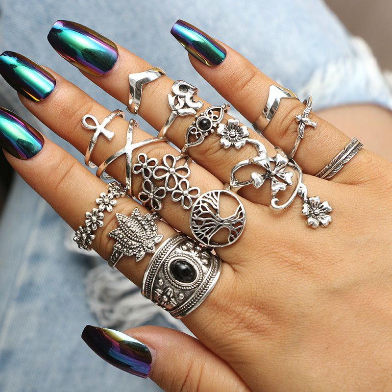 Bohemian Retro Star and Rose Flower Snake Ring Set - 12 Piece Geometric Knuckle Rings for Women