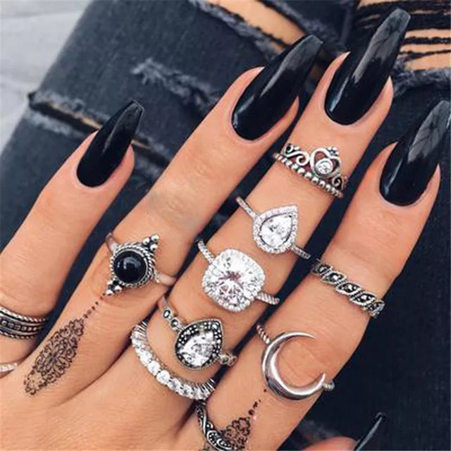 Bohemian Retro Star and Rose Flower Snake Ring Set - 12 Piece Geometric Knuckle Rings for Women