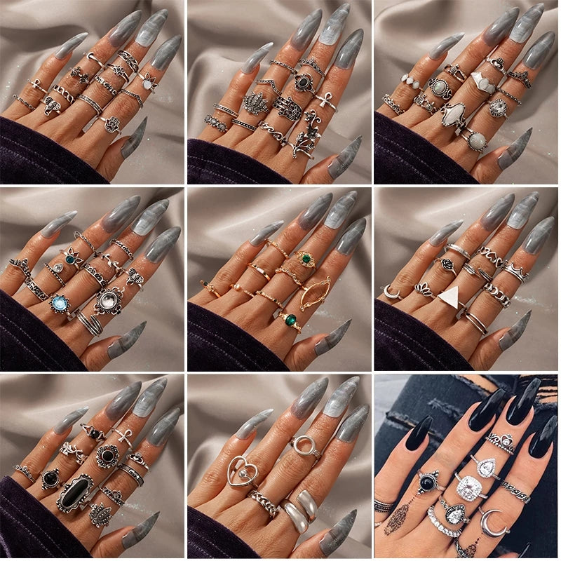 Bohemian Retro Star and Rose Flower Snake Ring Set - 12 Piece Geometric Knuckle Rings for Women