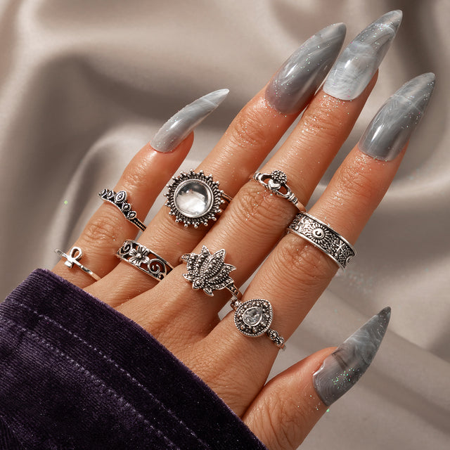Bohemian Retro Star and Rose Flower Snake Ring Set - 12 Piece Geometric Knuckle Rings for Women