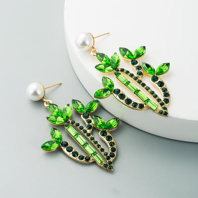 European American Creative Cactus Alloy Earrings with Colorful Rhinestones
