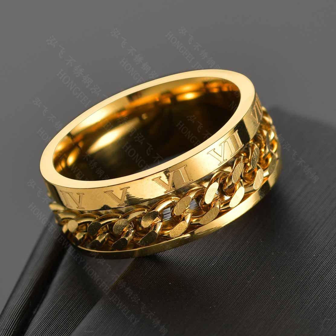 European American Stainless Steel Roman Numerals Chain Spinner Ring for Men
