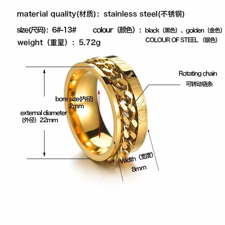 European American Stainless Steel Roman Numerals Chain Spinner Ring for Men