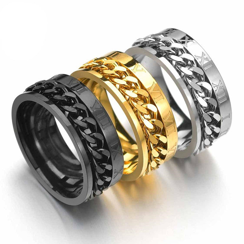 European American Stainless Steel Roman Numerals Chain Spinner Ring for Men