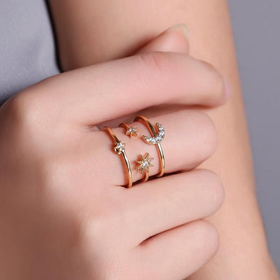 European American Fashion Adjustable Star Moon Zircon Ring - Double Layer Hollow Design