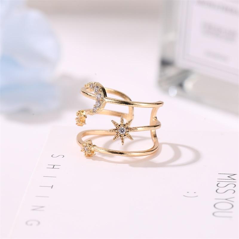 European American Fashion Adjustable Star Moon Zircon Ring - Double Layer Hollow Design