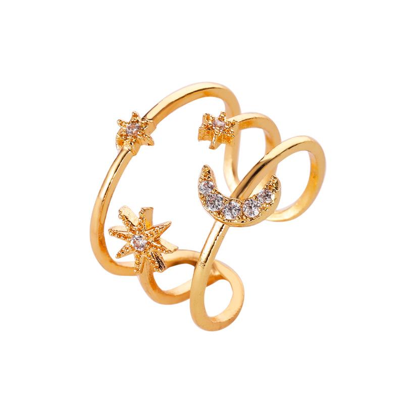 European American Fashion Adjustable Star Moon Zircon Ring - Double Layer Hollow Design