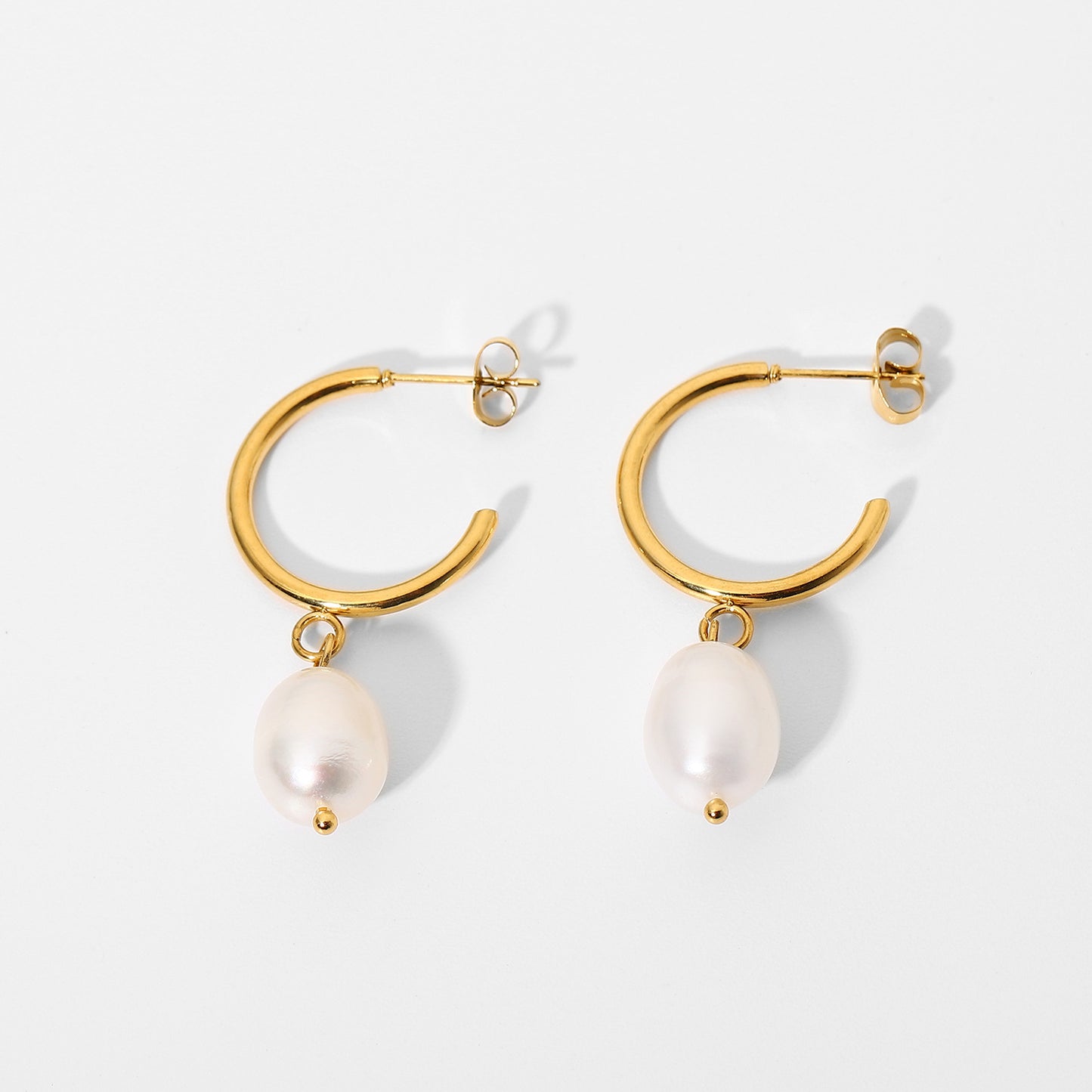 18K Gold-Plated Stainless Steel Geometric Pearl Earrings for Women