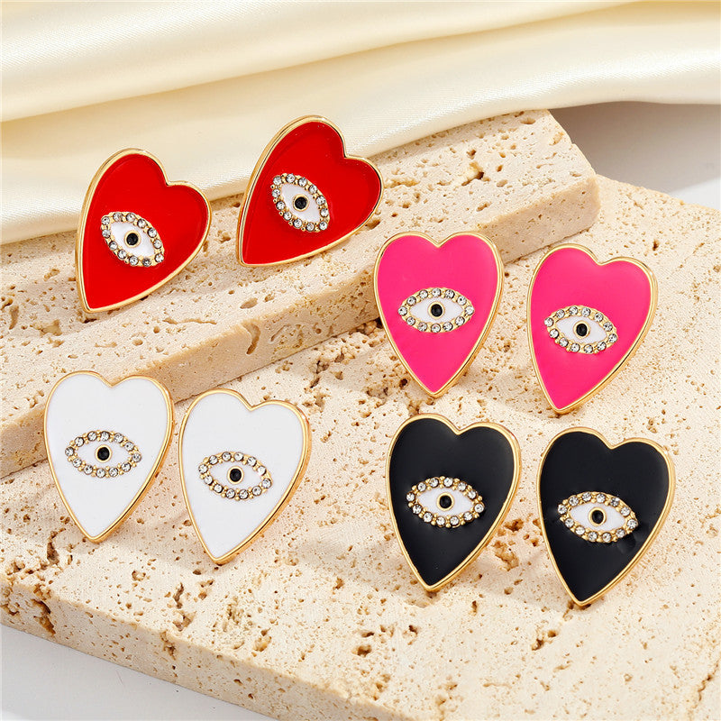 European American Peach Heart Eye Diamond Earrings Creative Evil Eye Drop Earrings