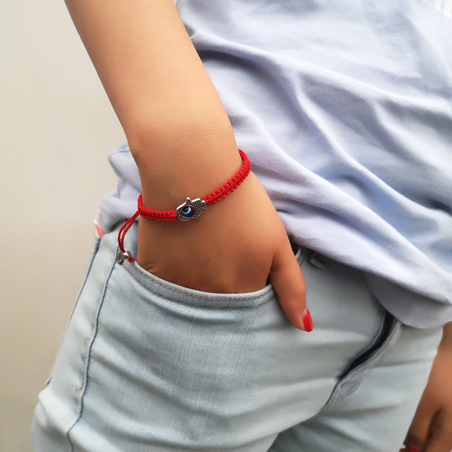 European Blue Evil Eye Red Rope Bracelet with Hand Charm