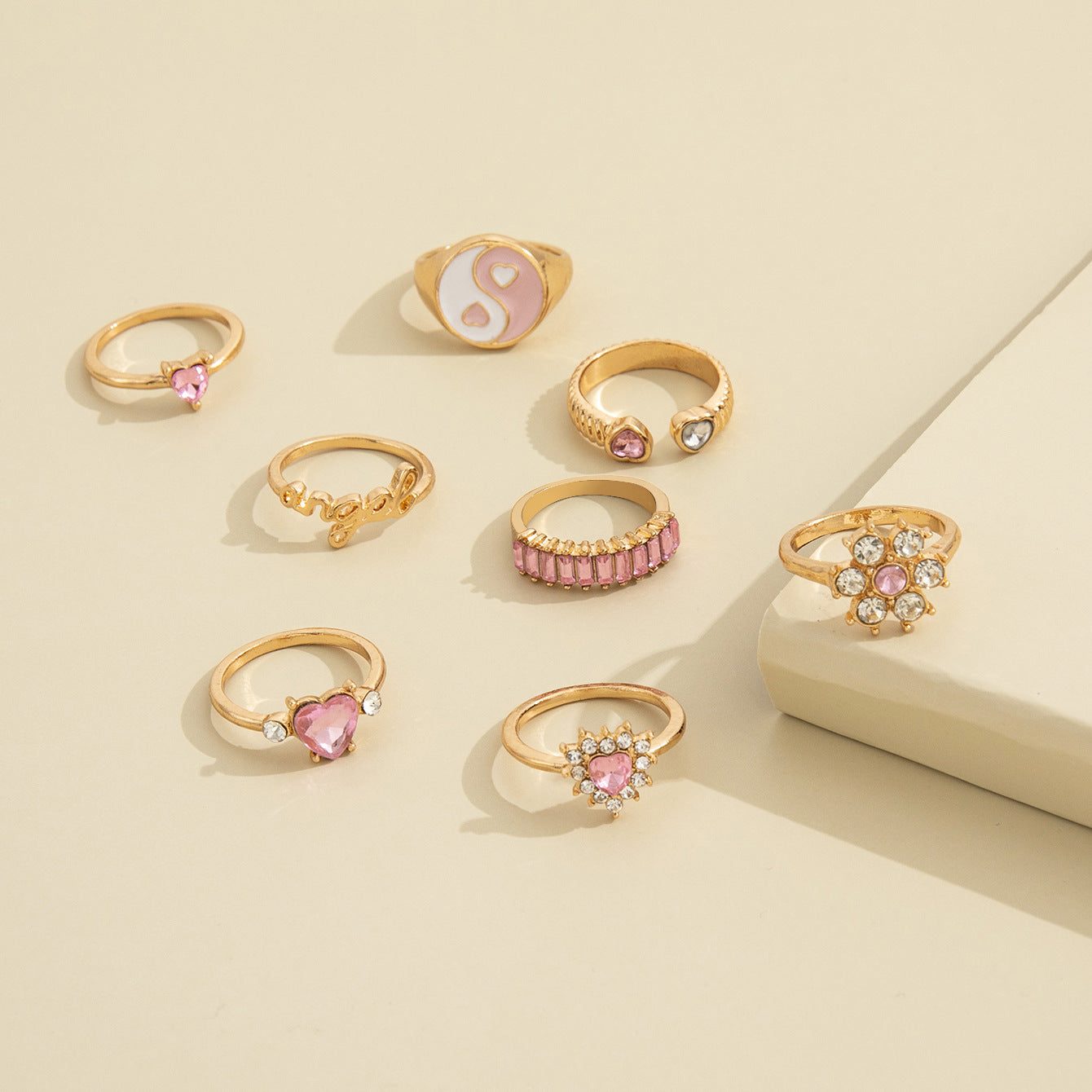 European American Tai Chi Pink Diamond Flower & Heart Ring Set
