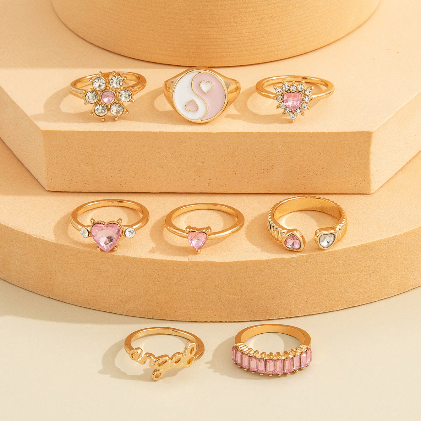 European American Tai Chi Pink Diamond Flower & Heart Ring Set