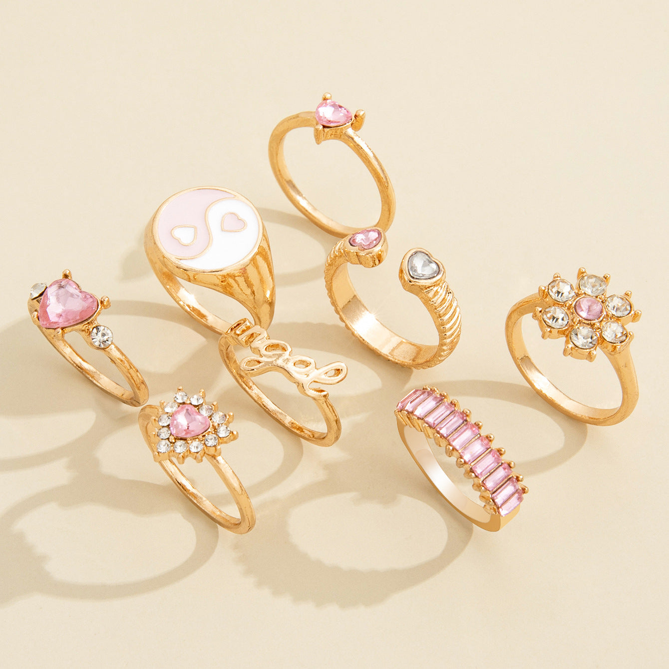 European American Tai Chi Pink Diamond Flower & Heart Ring Set