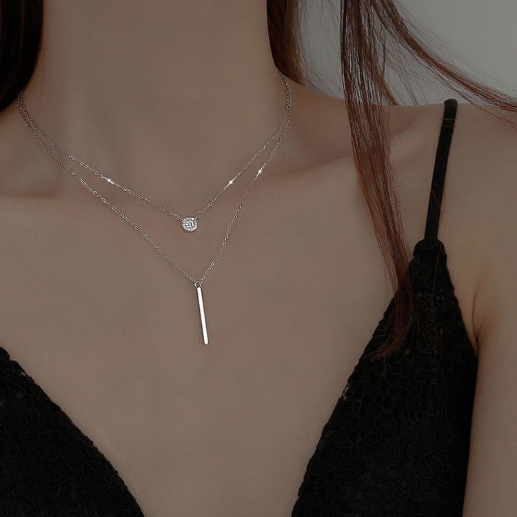 European Vintage Double Layer Pendant Necklace with Round and Bar Shaped Sparkling Crystals