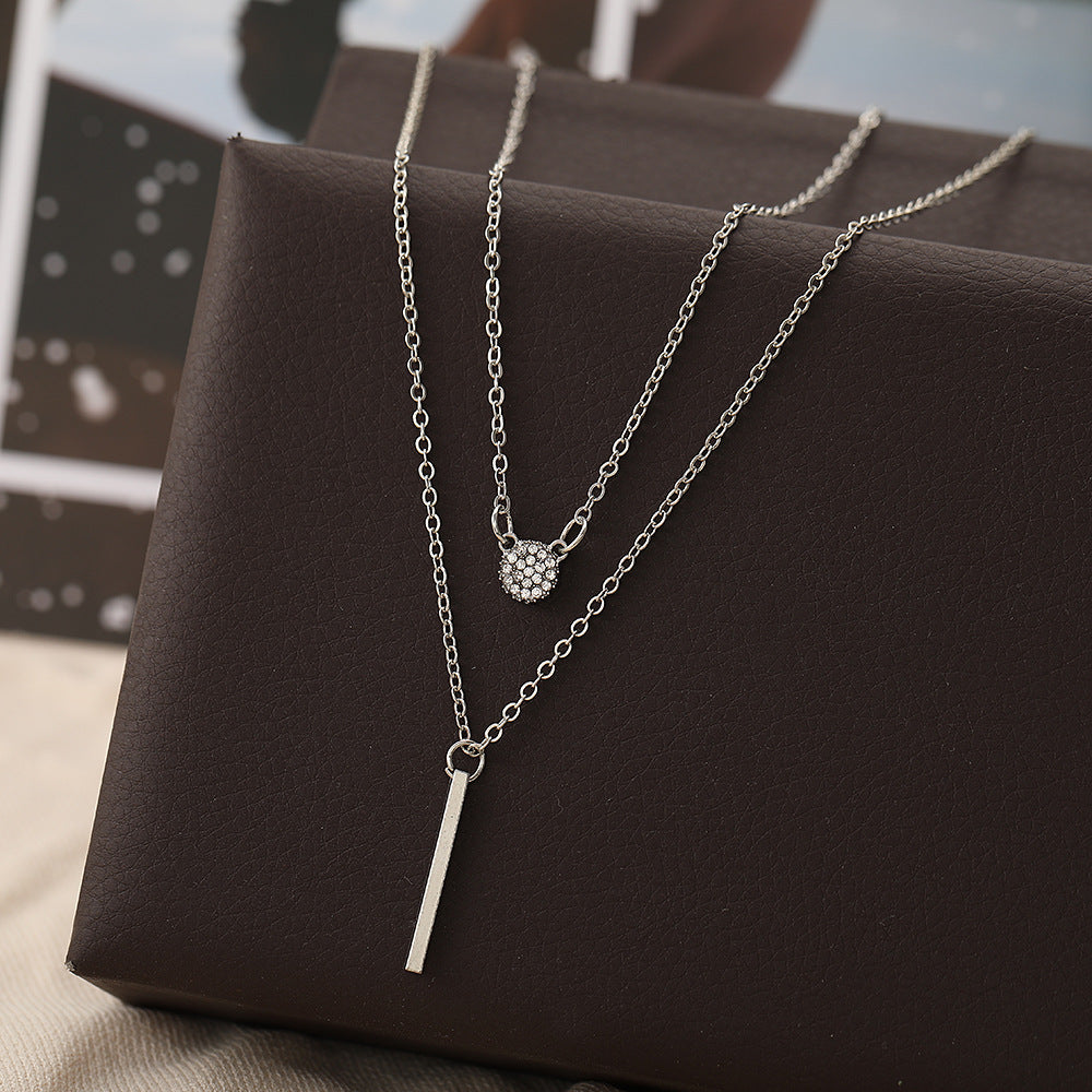 European Vintage Double Layer Pendant Necklace with Round and Bar Shaped Sparkling Crystals