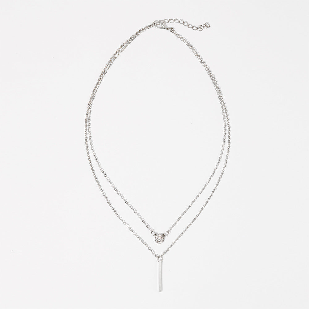 European Vintage Double Layer Pendant Necklace with Round and Bar Shaped Sparkling Crystals