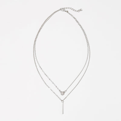 European Vintage Double Layer Pendant Necklace with Round and Bar Shaped Sparkling Crystals