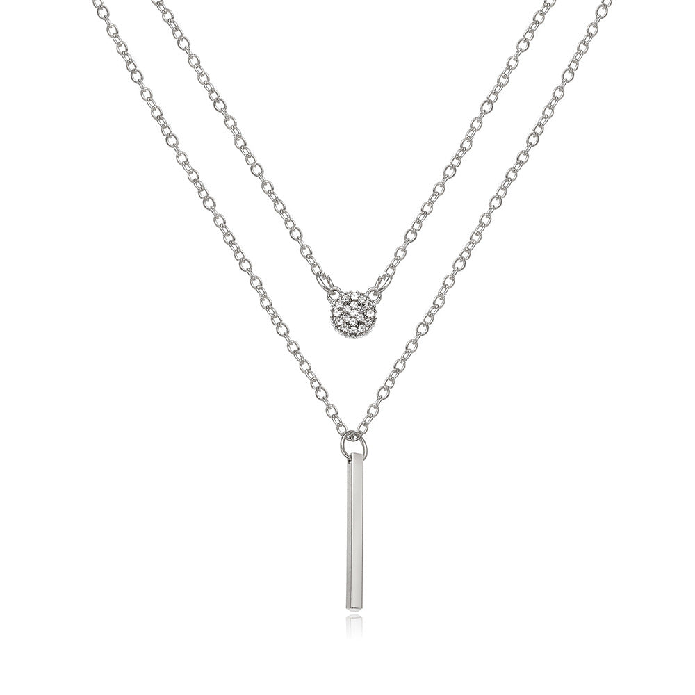 European Vintage Double Layer Pendant Necklace with Round and Bar Shaped Sparkling Crystals
