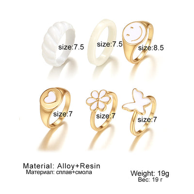 European American Butterfly Smiley & Heart Design Colorful Vintage Ring Set - 6 Pieces