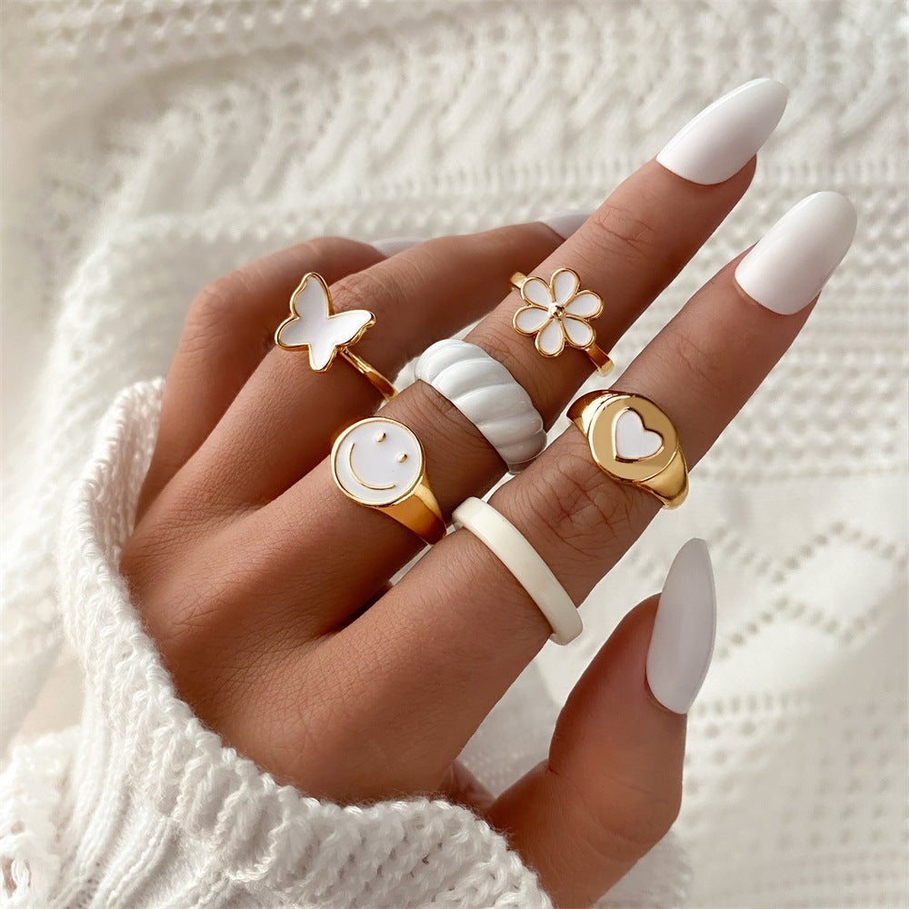 European American Butterfly Smiley & Heart Design Colorful Vintage Ring Set - 6 Pieces