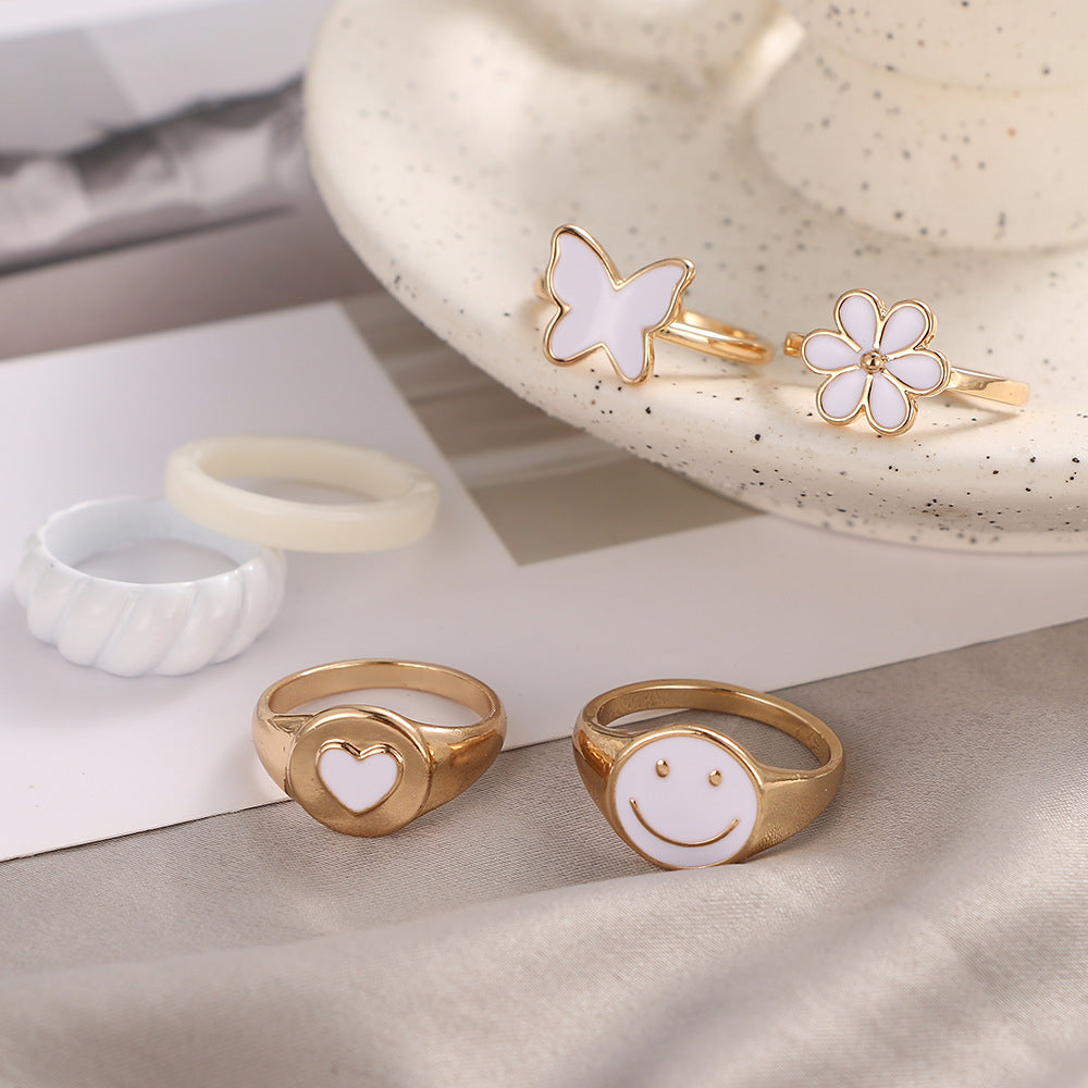 European American Butterfly Smiley & Heart Design Colorful Vintage Ring Set - 6 Pieces