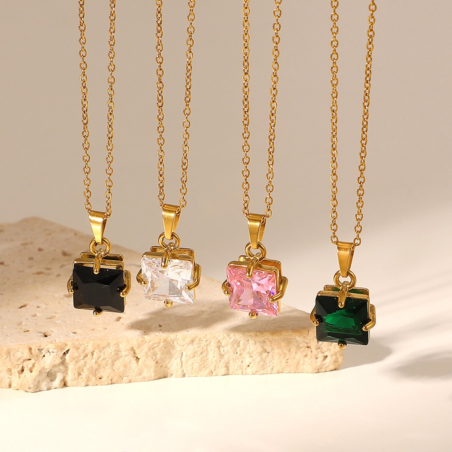 European American Style 18k Gold Stainless Steel Square Zircon Pendant Necklace