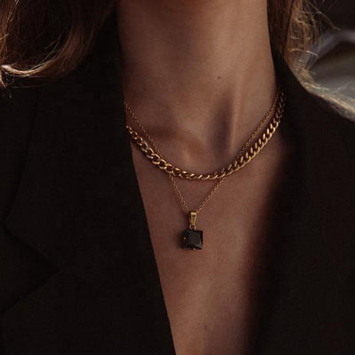 European American Style 18k Gold Stainless Steel Square Zircon Pendant Necklace