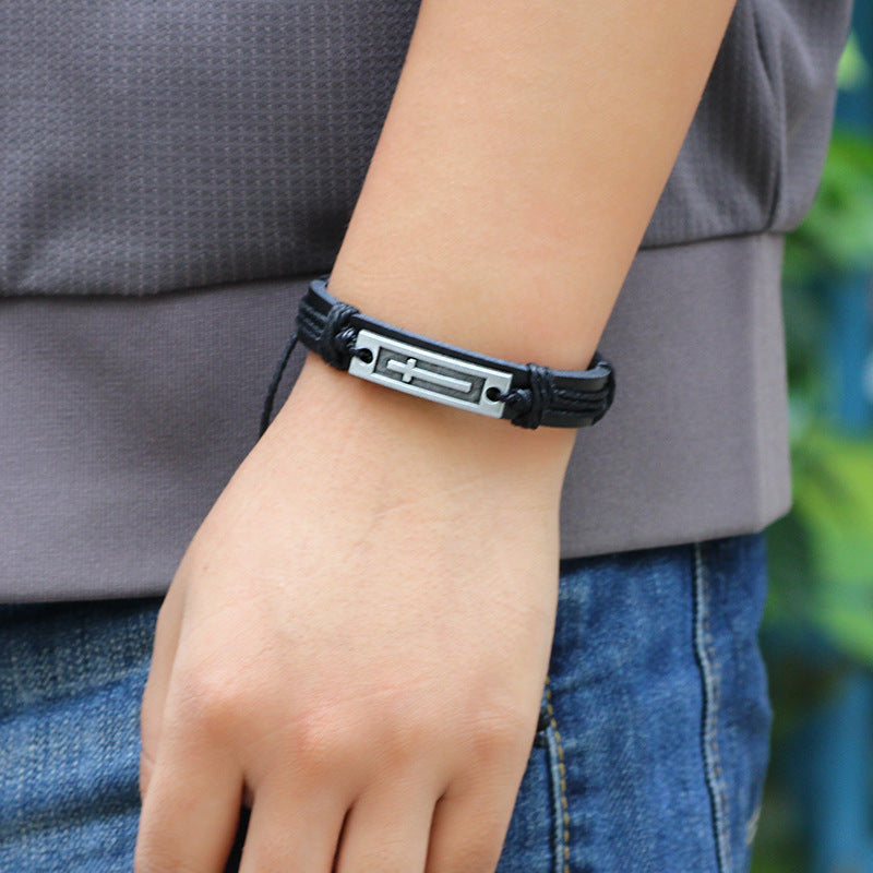 European American Style Alloy Cowhide Leather Cross Bracelet