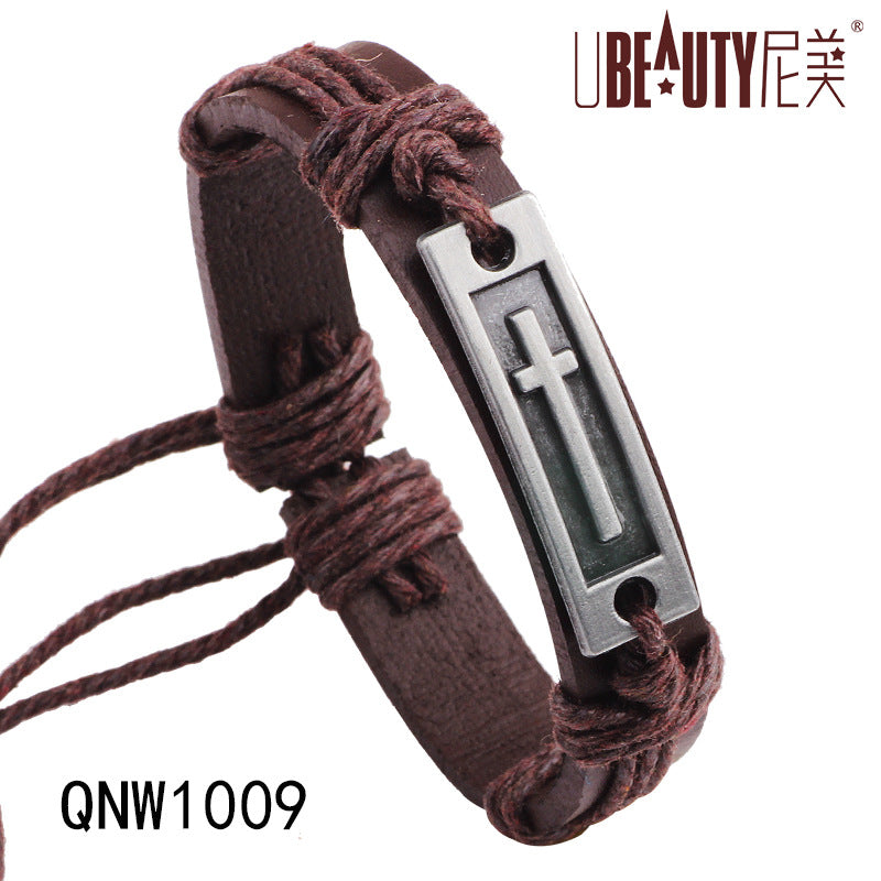 European American Style Alloy Cowhide Leather Cross Bracelet