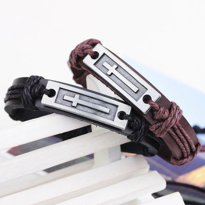 European American Style Alloy Cowhide Leather Cross Bracelet