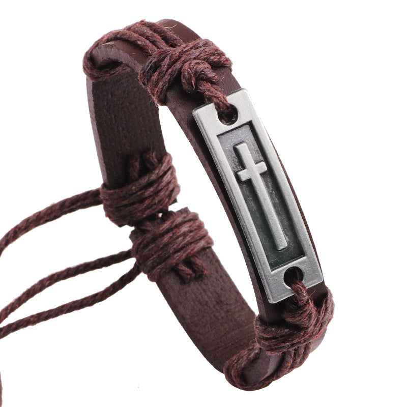 European American Style Alloy Cowhide Leather Cross Bracelet
