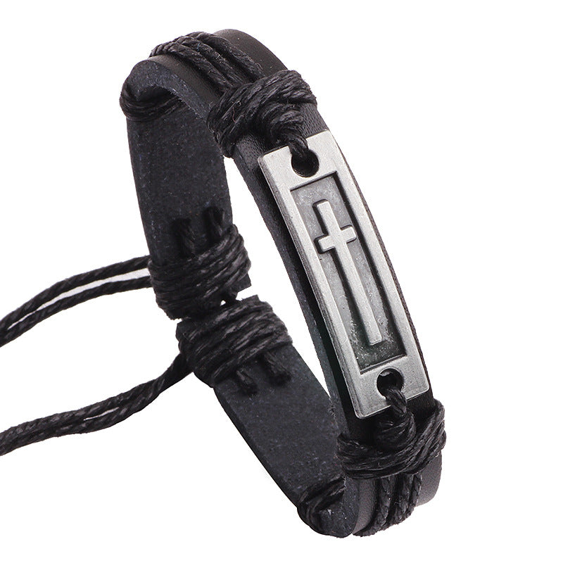 European American Style Alloy Cowhide Leather Cross Bracelet