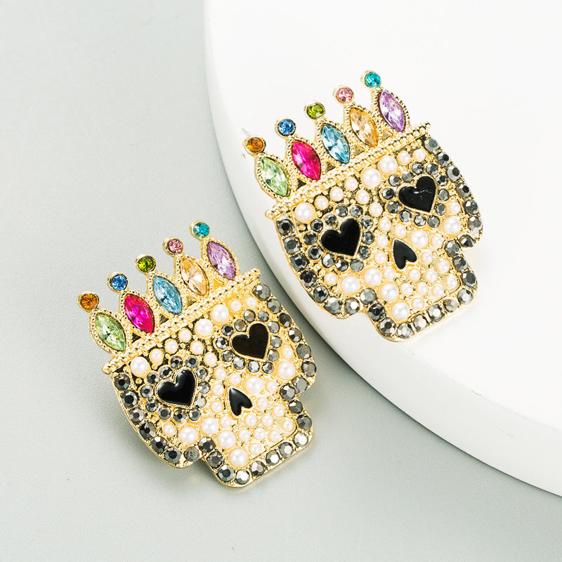 Exaggerated Alloy Diamond Skull Earrings with Colorful Gemstones for Halloween