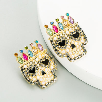 Exaggerated Alloy Diamond Skull Earrings with Colorful Gemstones for Halloween