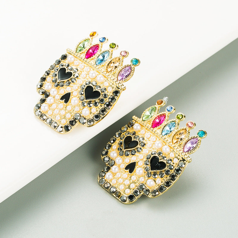Exaggerated Alloy Diamond Skull Earrings with Colorful Gemstones for Halloween