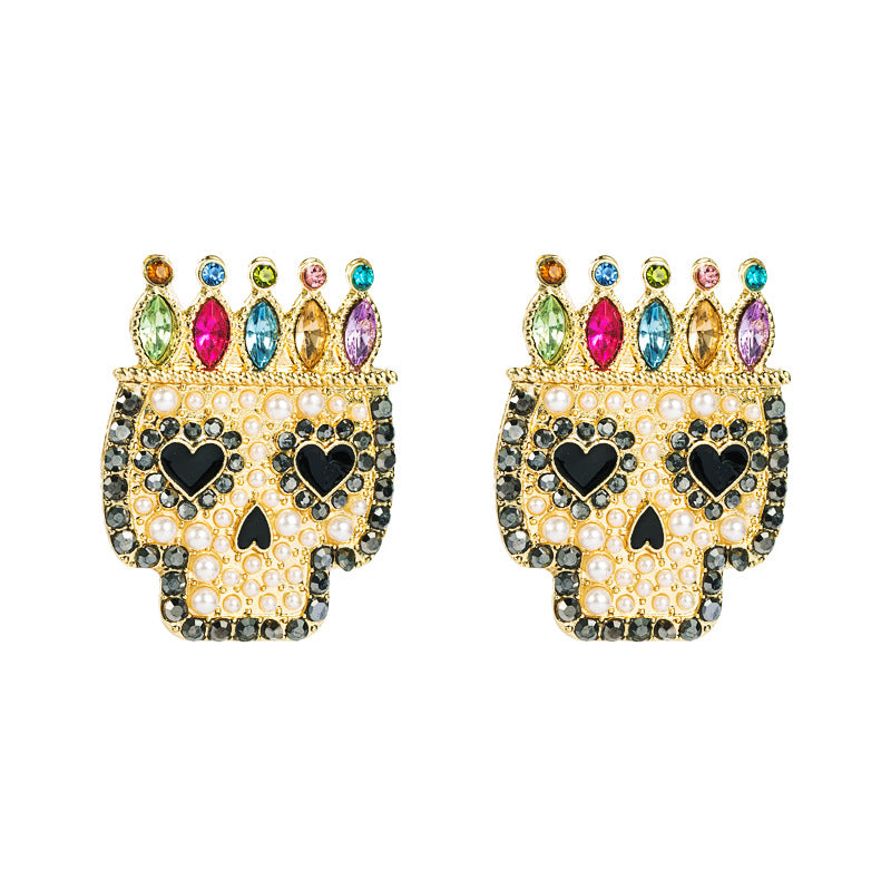 Exaggerated Alloy Diamond Skull Earrings with Colorful Gemstones for Halloween