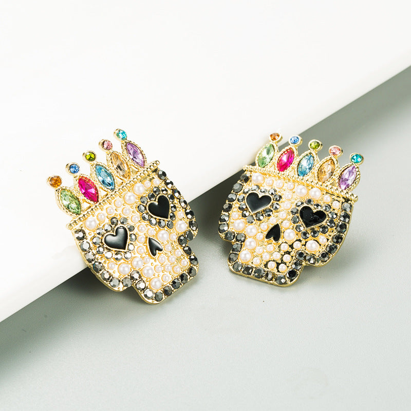 Exaggerated Alloy Diamond Skull Earrings with Colorful Gemstones for Halloween