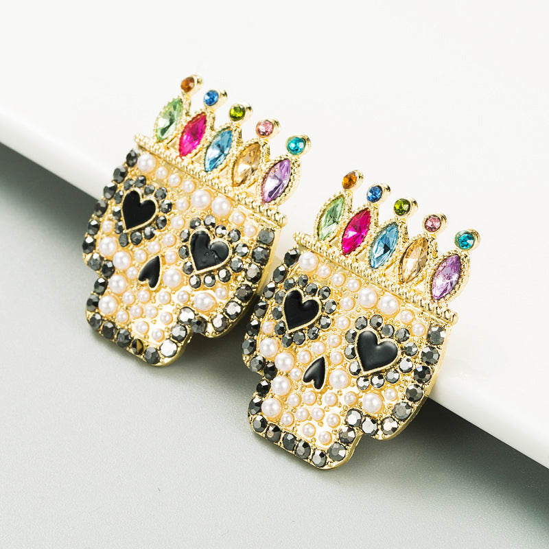 Exaggerated Alloy Diamond Skull Earrings with Colorful Gemstones for Halloween
