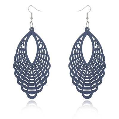 Exaggerated Carved Hollow Wood Geometric Long Earrings Retro Ear Hooks