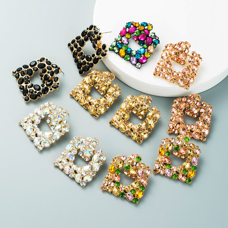 Exaggerated Geometric Square Color Rhinestone Alloy Earrings