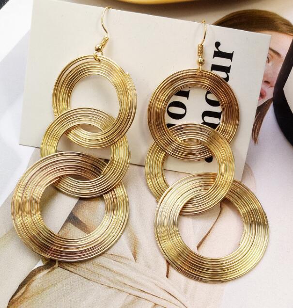 Exaggerated Geometric Multi-Layer Metal Circle Drop Earrings for Women