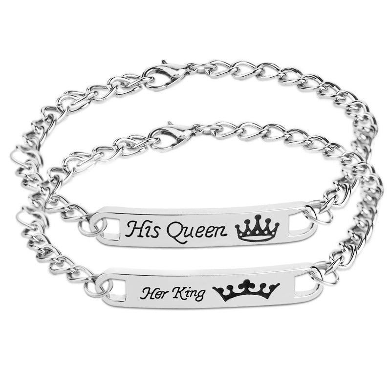 Engraved Couple Bracelet Set - Her King & Her Queen Square Pendant Accessories