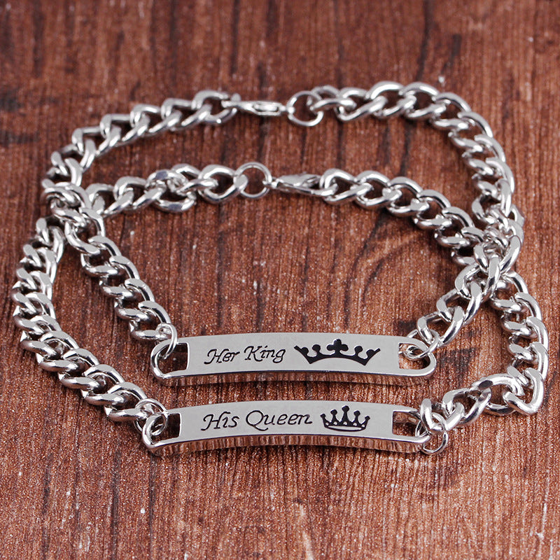 Engraved Couple Bracelet Set - Her King & Her Queen Square Pendant Accessories